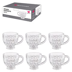 Cj xicara vidro 200ml 6pcs diamante transp   cx:012