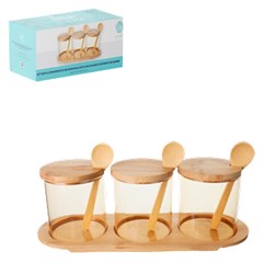 Porta condimentos vidro 3pcs 350ml c/colher e suporte de bambu ambar   cx:012