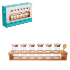 Porta condimentos vidro 6pcs 150ml c/colher e suporte de bambu cx:012