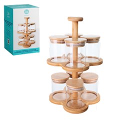 Porta condimentos vidro 8pcs 200ml giratorio c/suporte de bambu cx:008