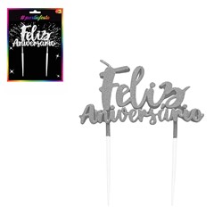 Vela feliz aniversario 9cm prata             cx:360