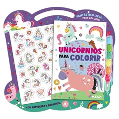 Livro colorir unicornio c/lapiseira adesivo
