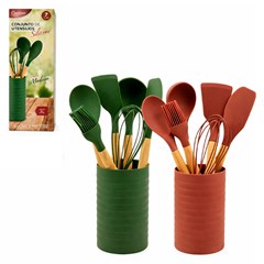 Cj*utensilios silicone cabo mad 7 pcs verde e rosa   cx:012
