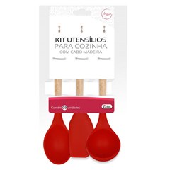 Kit utensilios 3pcs silicone c/cabo madeira      cx:048