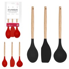Kit utensilios 3pcs silicone c/cabo madeira      cx:048