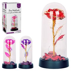 Rosas na cupula metalizda c/led e petalas 19,5cm   cx:024