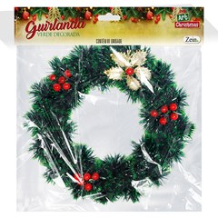 Guirlanda decorada verde c/flor e cereja 25cm          cx:0024