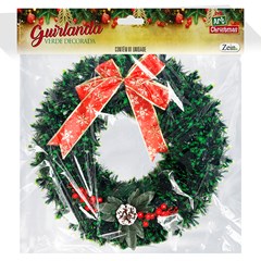 Guirlanda decorada verde c/laco, cereja e pinha 50cm          cx:0024