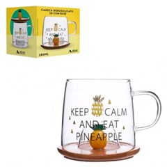 Caneca borossilicato 280ml com pires ou tampa bambu 3d  cx:048